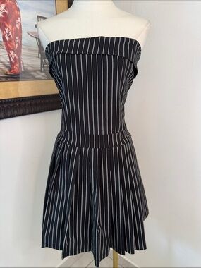 Like an Angel Strapless Black White Pinstripe Romper XL Smocked Back